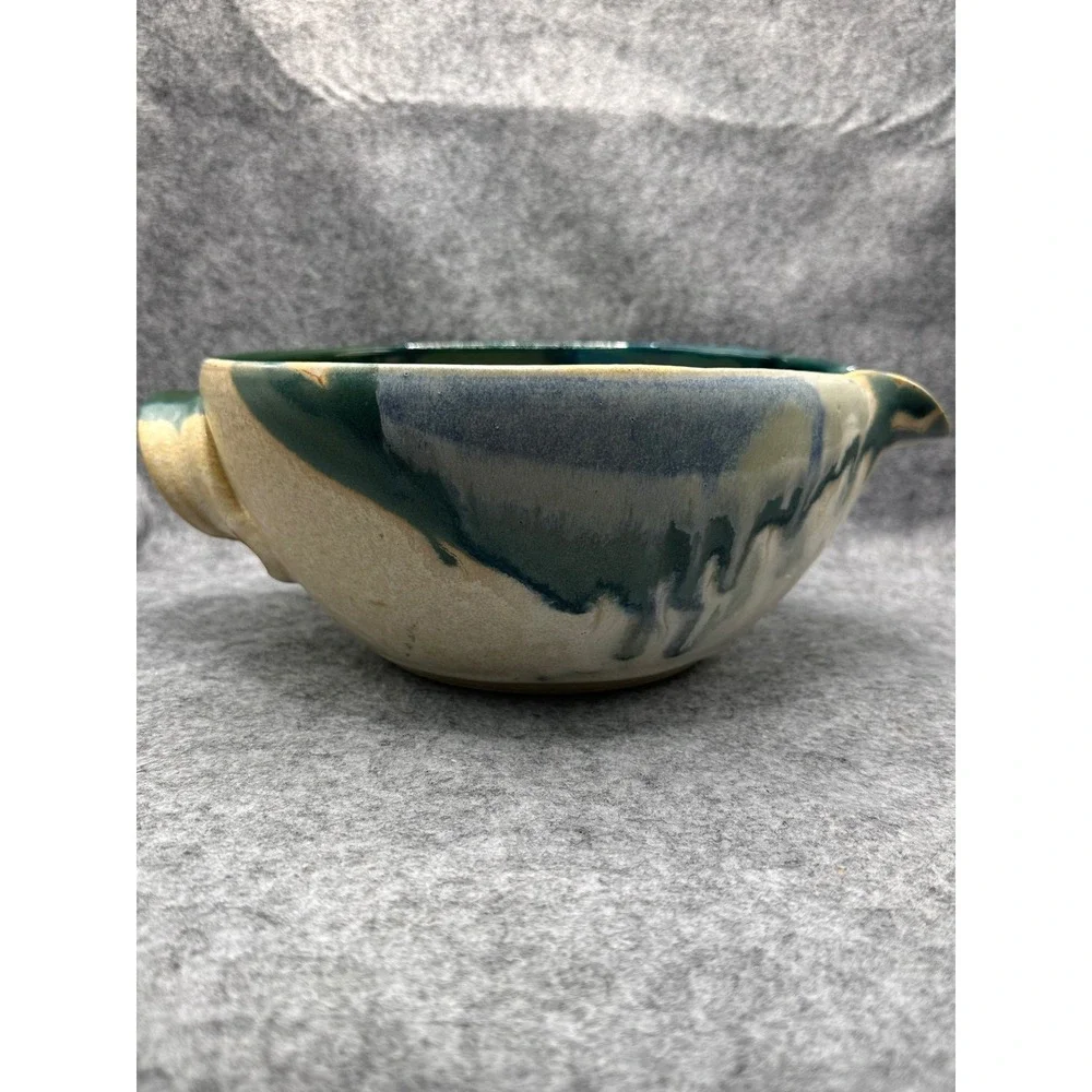 Handmade Studio Pottery Batter Bowl Green Blue Drip Glaze Signed Spout Handle